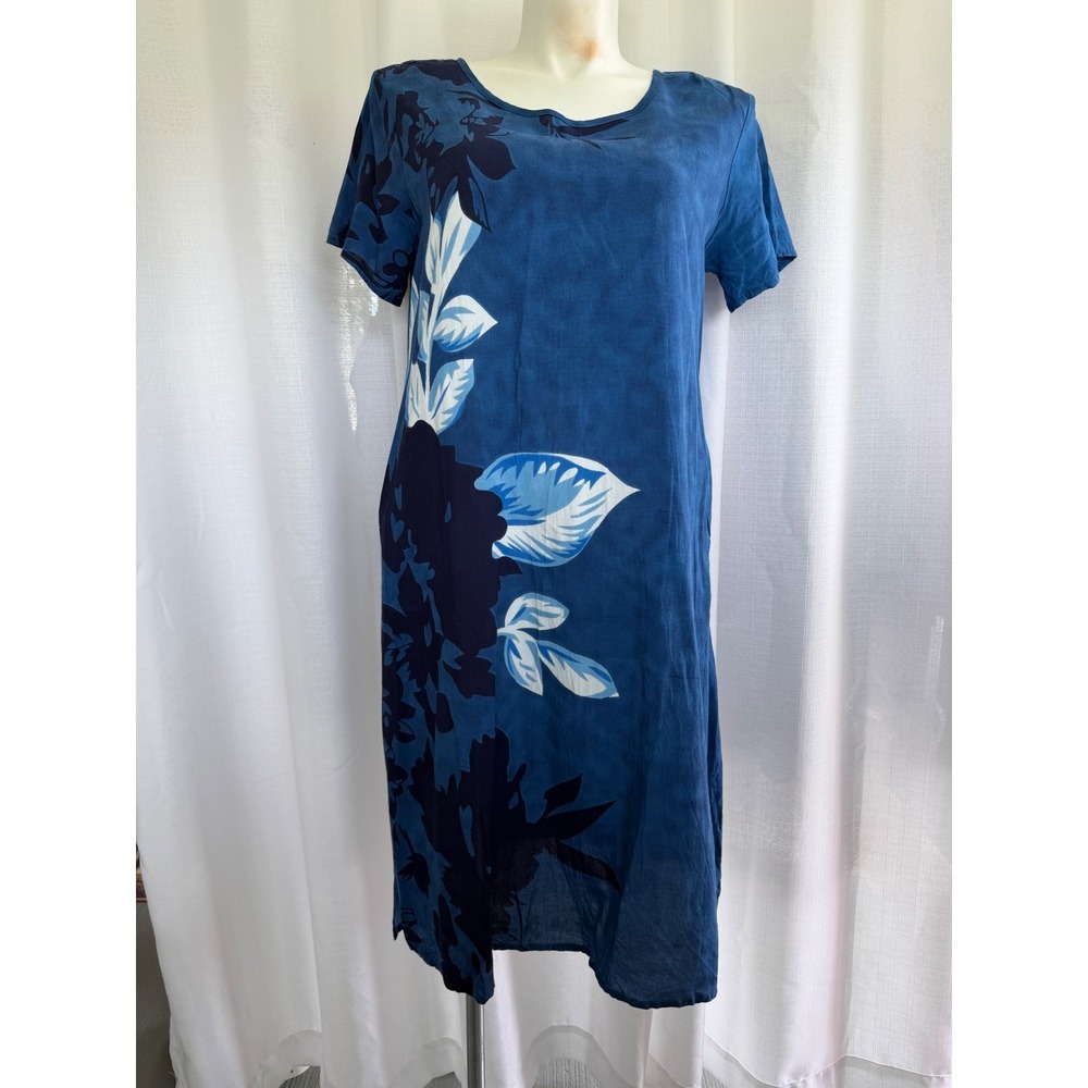 National Blue Tropical Floral Hawaiian Dress Petite Large Midi Shift Dress